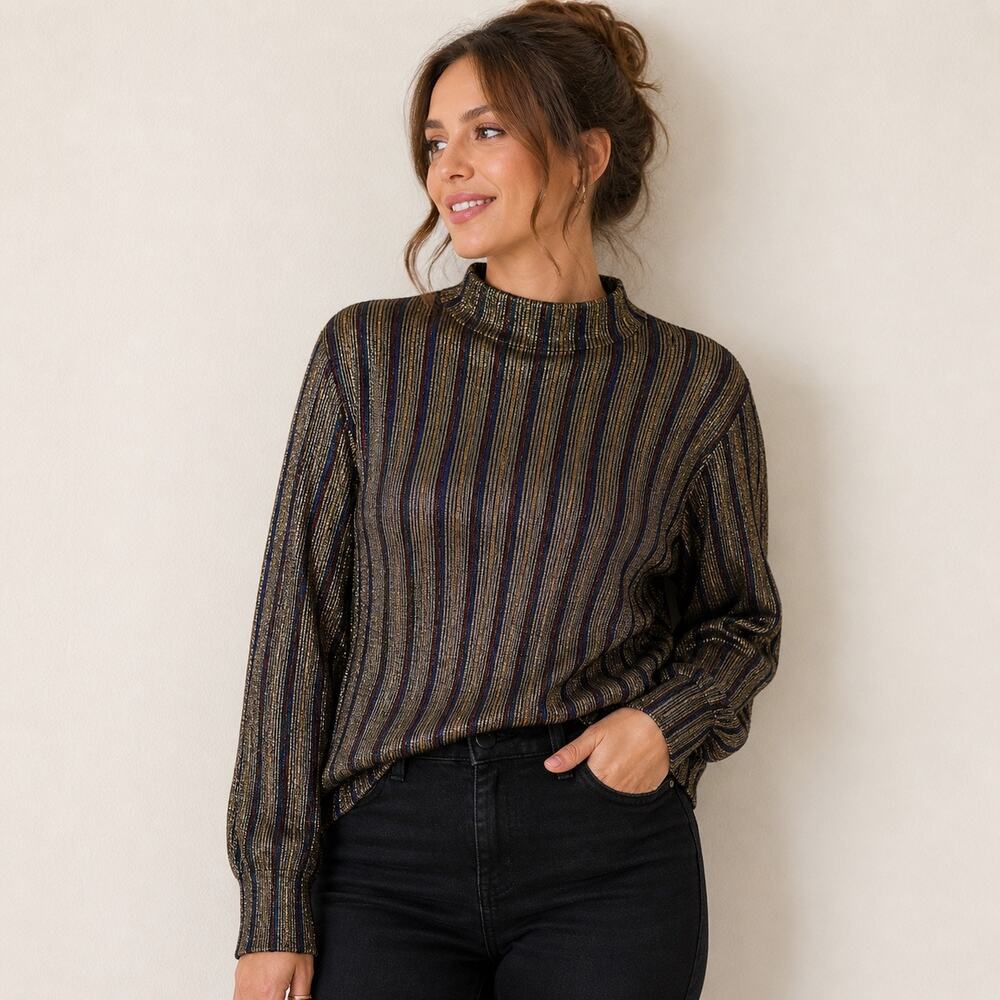 Zara Gold Metallic Stripe Mock Neck Long Sleeve Top Sz M